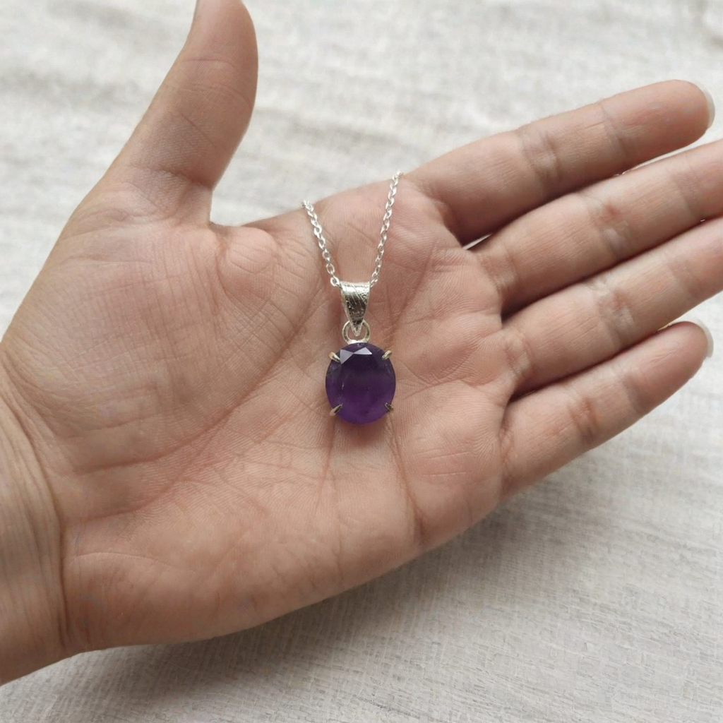 Amethyst Necklace With Prong Set Oval Purple Pendant And Silver Tone Bail