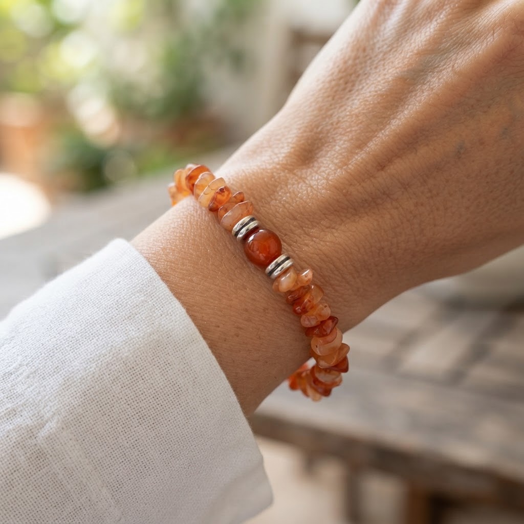 Natural Carnelian Crystal Chip Stretch Bracelet with Orange and Reddish Gemstone Beads on Beige Stone Background | OneTrend Jewelry India