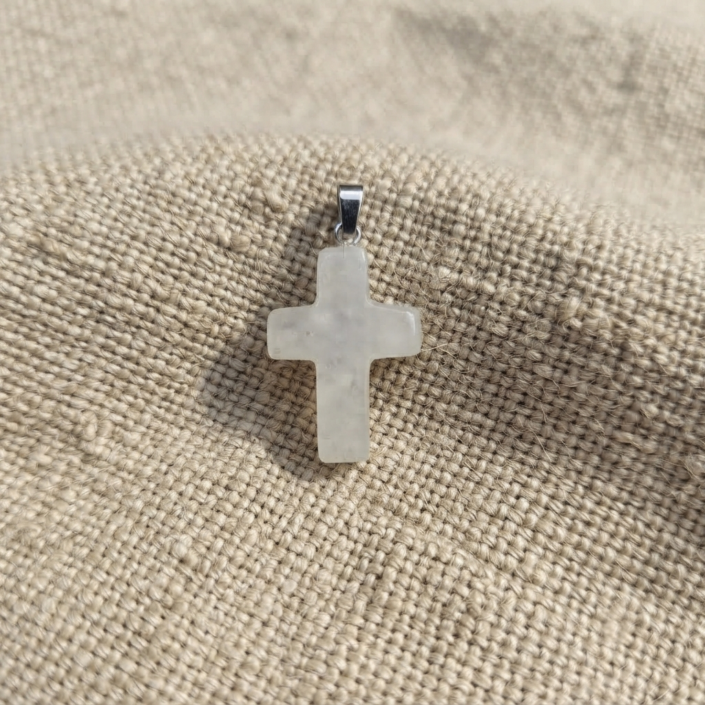Clear quartz crystal cross necklace displayed on the neckline