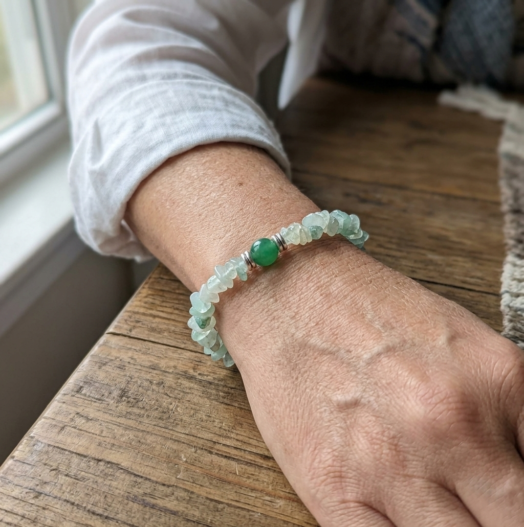 Natural Green Aventurine Stone Bracelet Worn on Wrist with Silver Spacer Beads – Light Green Crystal Chip Jewelry for Everyday Wear | OneTrend