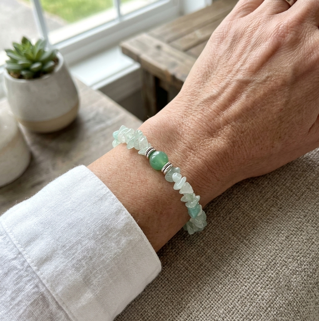 Green Aventurine Crystal Chip Stretch Bracelet with Round Green Gemstone Bead and Silver Spacers Styled on Wrist | OneTrend India