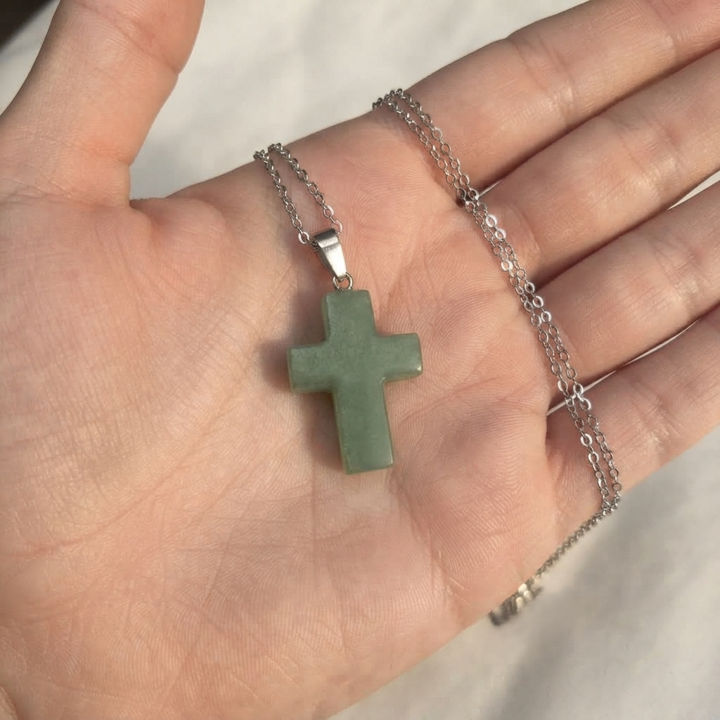 Green stone cross pendant necklace with an included chain