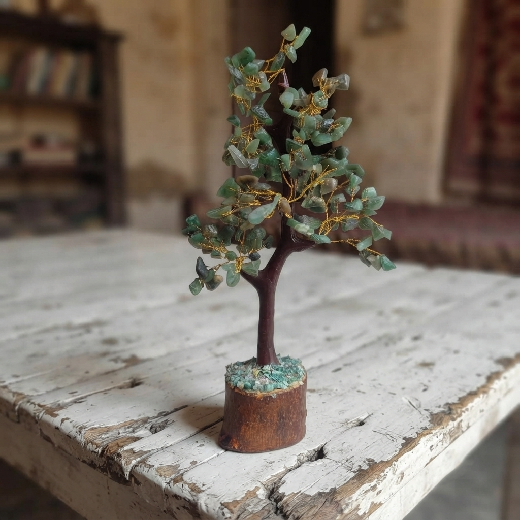 Green Jade Gemstone Tree Desk Decor With Gold-Tone Wire Branches