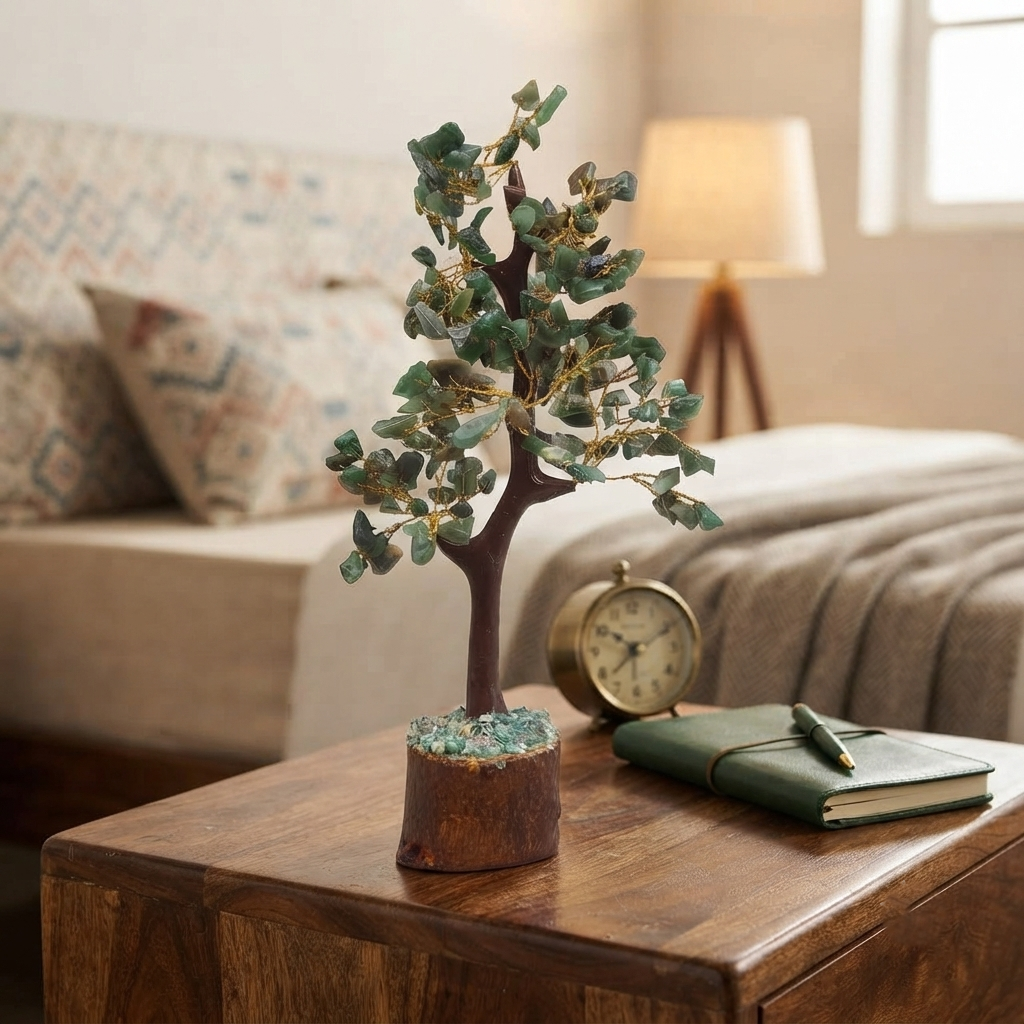 Green Jade Gemstone Tree Sculpture Showing Green Chip Stone Leaves