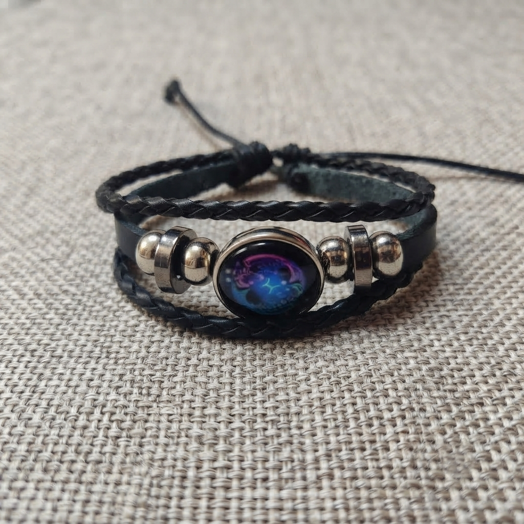 Pisces Zodiac Bracelet With Braided Black Cord And Beaded Details