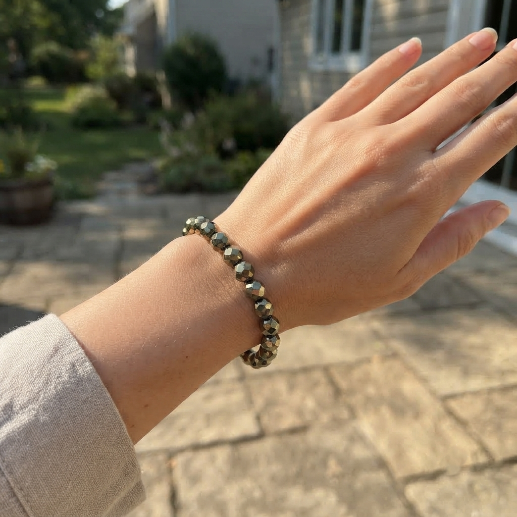 Simple Pyrite Bracelet With Faceted Beads Worn By Model