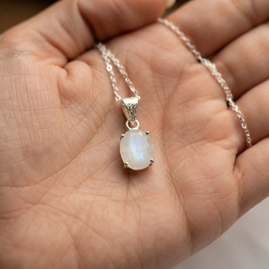 Rainbow Moonstone Pendant Oval Prong Set Stone With Blue Sheen
