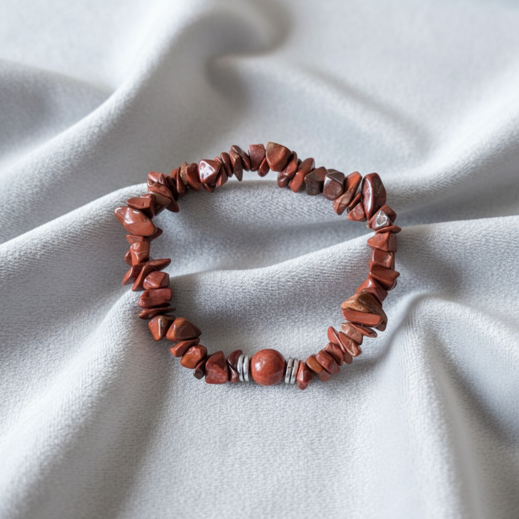 Red Jasper Stone Chip Stretch Bracelet with Polished Round Bead and Silver Spacers on White Fabric – Trendy Crystal Jewelry | OneTrend India
