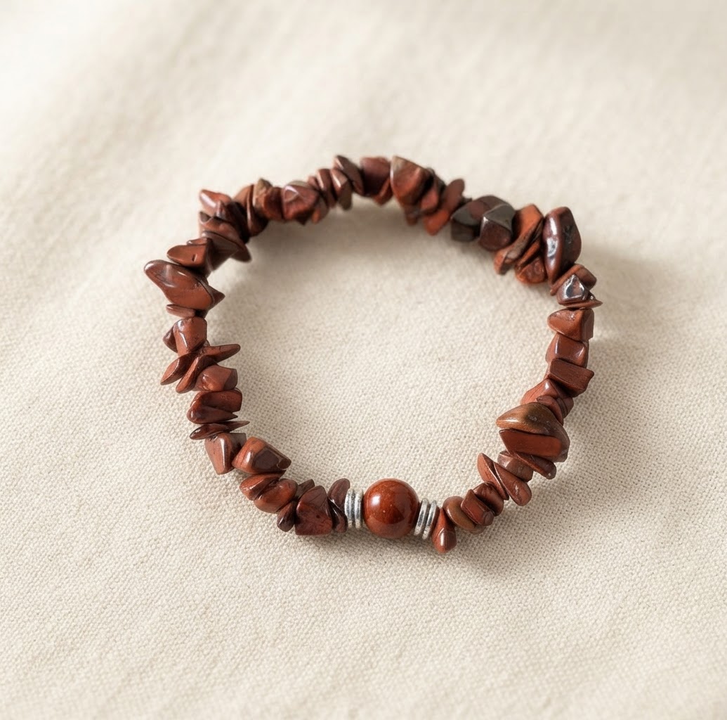 Red Jasper Natural Gemstone Stretch Bracelet with Irregular Stone Chips and Silver Spacers on Beige Fabric – Fashion Jewelry | OneTrend