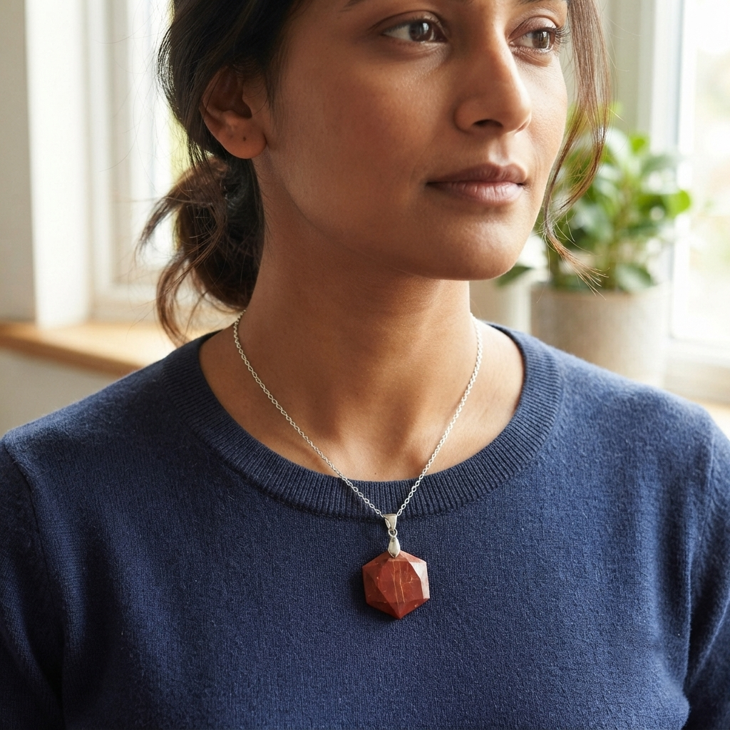 Red Jasper gemstone necklace featuring a red faceted hexagon pendant