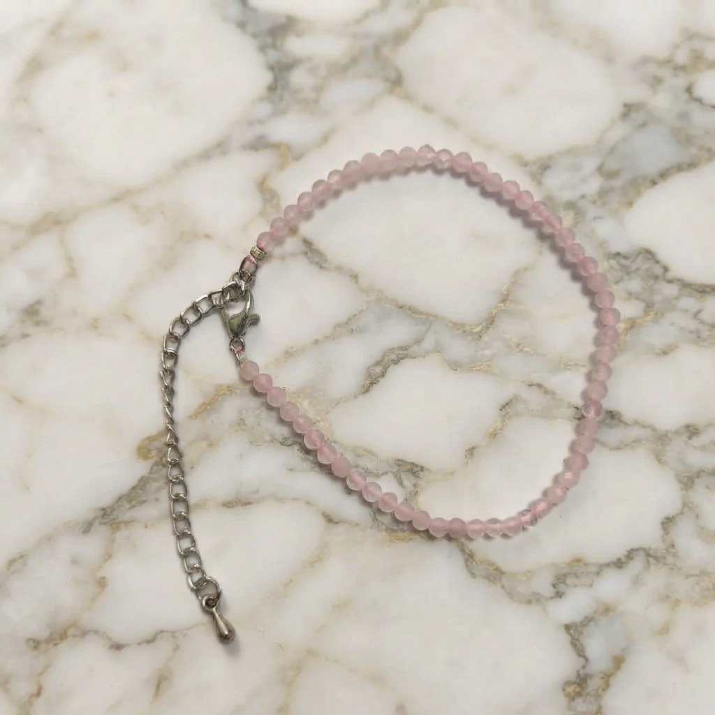Rose Quartz Anklet With Teardrop Charm Hanging From Extender Chain