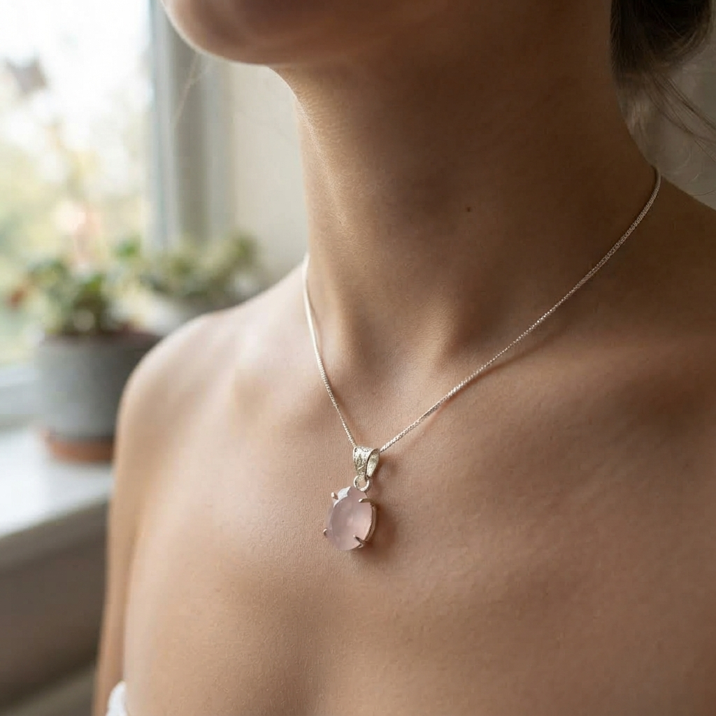 Rose Quartz Pendant Close View Of Oval Pink Stone On Necklace