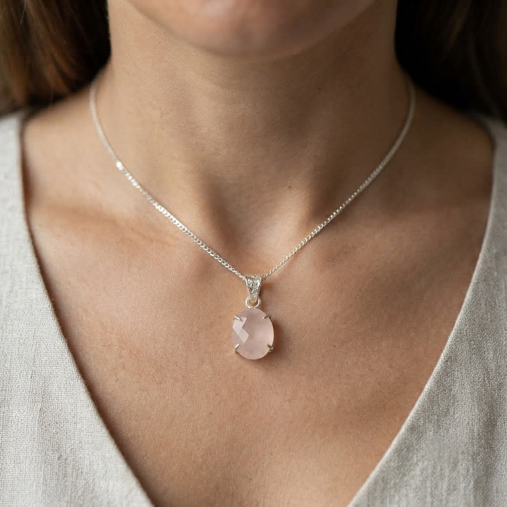 Rose Quartz Pendant Oval Pink Stone With Silver Tone Bail