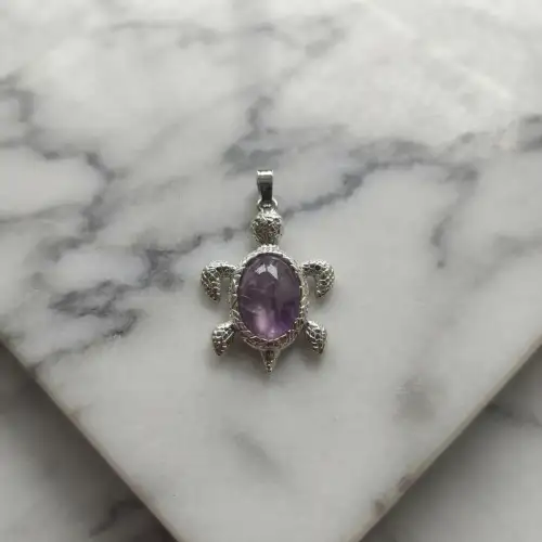 Purple Amethyst Turtle Pendant Necklace With Silver-Tone Bail And Chain - 2nd View