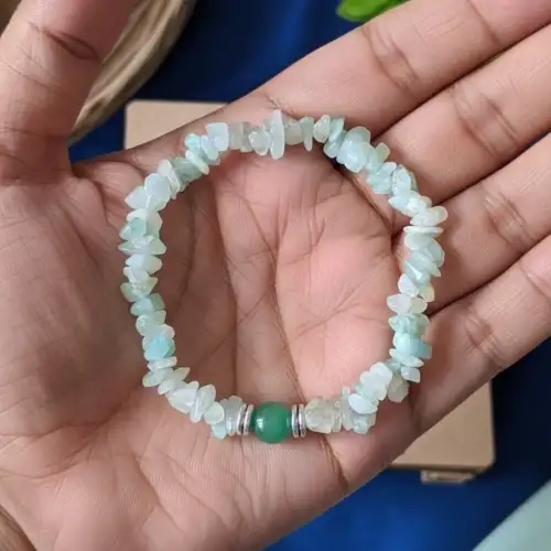 Green Aventurine Gemstone Chip Beaded Bracelet with Polished Green Center Bead and Silver Accents Displayed on Hand | OneTrend India