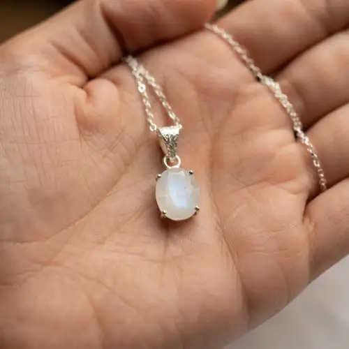 Rainbow Moonstone Pendant With Oval Cabochon On Silver Tone Chain - 2nd View