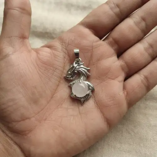 Rose Quartz Dragon Pendant Necklace With Light Pink Stone And Silver-Tone Bail - 2nd View